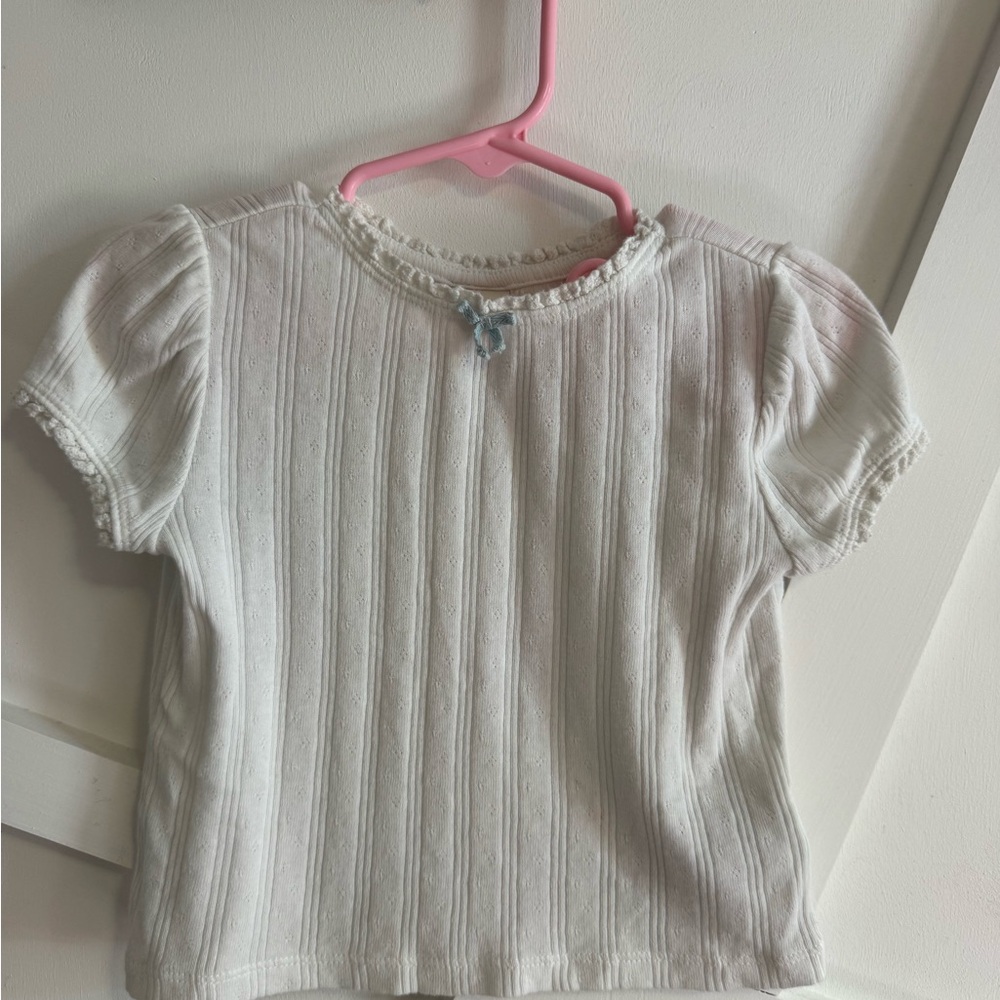 Girls White Short Sleeve Ribbed Tee with Blue Bow